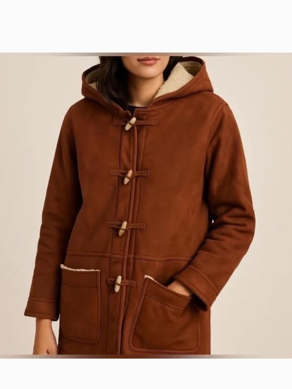 Lauren Ralph Lauren Faux Suede Sherpa Toggle Coat Brown Hooded Jacket Size MP